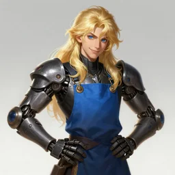 a highly detailed illustration of long wavy bright blonde haired young effeminate boy wearing blue blacksmith apron and iron mechanical arms, blue eyes, dramatic smiling pose, intricate, elegant, highly detailed, centered, digital painting, artstation, concept art, smooth, sharp focus, league of legends concept art, wlop