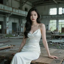 cinestill 5 0 d wide photo portrait of a beautiful woman by adler sitting in a dystopian abandoned factory on a wood, wearing white dress, elegant, highly detailed, pale gteen tonal glossy, soft blur, artstation, sharp focus, head in focus,