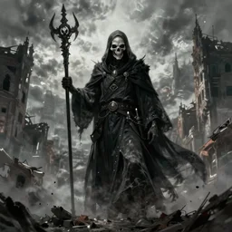 fantasy art of death mage on a abandoned city, trending on artstation