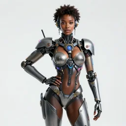 beautiful centered fine art photo portrait of beautiful black girl with solarpunk mecha humanoid parts with led lights, sexy pudica pose gesture, photorealistic, white background, highly detailed and intricate, soft box lighting, shallow depth of field hdr 8 k
