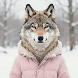 Beatiful portrait of an anthro anthropomorphic wolf wearing a cute cozy soft pastel winter outfit winter Atmosphere. detailed, inked, award winning painting