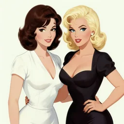 elle macpherson and bettie page having a great day, art style ben garrison!!!!!!!!!!!!!!!! drawn by ben garrison, iconic, masterpiece, ornate and detailed, cartoon