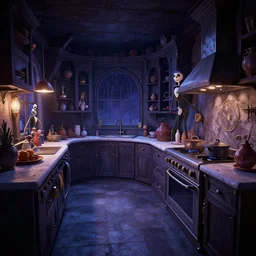 curved perspective digital art of a dark kitchen from Tim Burtons Nightmare Before Christmas by Andreas Rocha