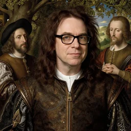 Portrait of Weird Al Yankovic, Bruegel, Hieronymus Bosch, epic, Franklin Booth, heavily detailed, maxfield parrish, realistic lighting