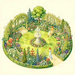 an illustration of a beautiful garden, isometric view, painted by moebius and james jean and alphonse mucha