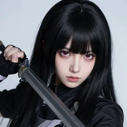 highly detailed beautiful assassination classroom cosplay, warcore, dramatic pose, long black hair and fringe, upper body portrait, clear and perfect eyes, professional photography 8 k 3 5 mm, holding weapon, pixiv