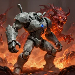 epicly designed very muscular stone obsidian robot with human body fighting a deadly beast made from lava with background by greg rutkowski, trending on artstation