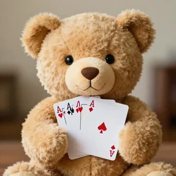a photograph of a teddybear holding a pack of playing cards, 50mm, depth of field