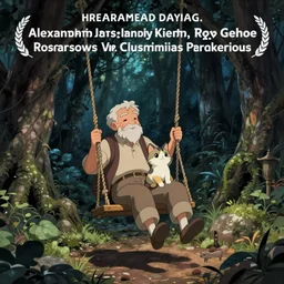 an old man and his cat having fun on a swing at a dark night in an ancient dense forest, artwork by alexander jansson, andy kehoe, rossdraws, gediminas pranckericius, anime, dreamworks, pixar