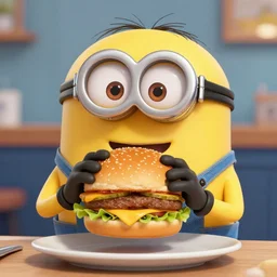 stuart the minion eating a cheeseburger