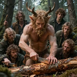 8 k headshot of godlike satyr chopping logs in the heaviest of woods by craig mullins, ilya kuvshinov, krenz cushart, epic, artgerm trending on artstation by edward hopper and dan mumford and wlop and rutkovsky, beksinski carl spitzweg moebius and tuomas kocar, intricate artwork by caravaggio, unreal engine 5, lumen, naniteb