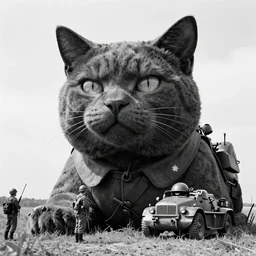 a gigantic cat as a soldier in the ww 2, black and white historical documentary photo, archive still