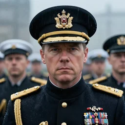 cinematic close up artwork of nigel farage as an admiral with his navy behind him by greg rutowski, 4 k, masterpiece, raining