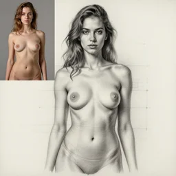 a beautiful hyperrealistic female portrait and body in pencil from a photo, by Peter Mohrbacher, technical drawing, blueprint diagram, trending on artstation
