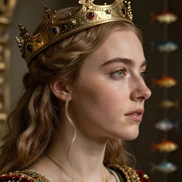 ! dream closeup profile medieval jan van eyck face portrait of cara delevingne as a fairytale princess wearing a crown, nicoletta ceccoli, mark ryden, lostfish, max fleischer, depth of field, detailed and intricate environment, 8 k resolution, hyperrealistic, octane render