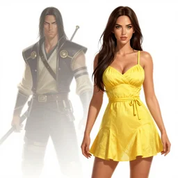 Megan Fox using a yellow summer dress in a  blade and soul  spinoff artbook  rendered by the artist Taran Fiddler,  Joe Madureira, Nadezhda Tikhomirova, Jiyun Chae,   Lê Long, trending on Artstation by Hyung Tae Kim, artbook, Stanley Artgerm Lau, WLOP, Rossdraws , James Gurney