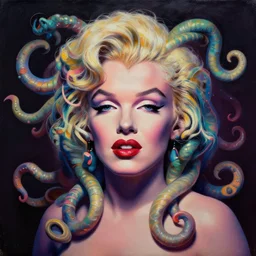 a beautiful painting lovely 3 d medusa, her face looks like marilyn monroe by ukiyo - e award - winning art, andy warhol color, dramatic light, octane render