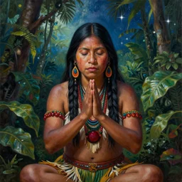 a beautiful painting of an amazonian shaman healer sitting in the jungle, doing a prayer, ayahuasca, high detail painting, fantasy art, highly detailed, realistic face, only one face, starry sky, canopee