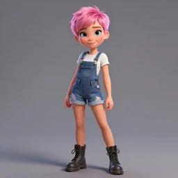 full body pose, pixar, beautiful androgynous girl, pink pixie cut hair, smiling, torn overalls, short shorts, combat boots, fishnets, beautiful, highly detailed face, true anatomy!, extremely detailed!, digital painting, unreal engine 5, art by tom bagshaw