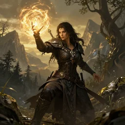 The Elder Scrolls 6, Female Mage conjuring a spell, realistic, ultra detailed, menacing, powerful, dark, golden hour, forest, mountains in the background concept art Ross Tran