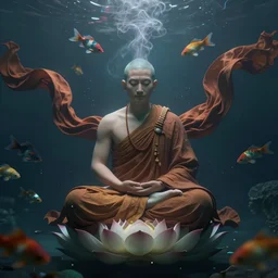 a wise monk meditating underwater, lotus pose, epic composition, fabrics flying around him, smoke, dark, mysterious, colourful fish, high detail, digital art, artstation, unreal engine 5