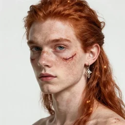 portrait of a thin young man with long red hair, ponytail, a big scars, a lot of freckles on his face, big gash on face, an earring, intricate, elegant, glowing lights, highly detailed, digital painting, artstation, concept art, smooth, sharp focus, illustration