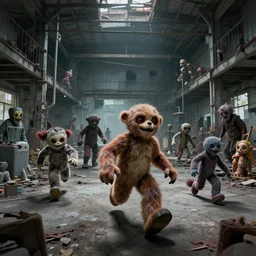 Inside of an abandoned toy factory with running furry human-sized scary toys, dramatic, interior, artstation, horror game, digital art made by Stanley Artgerm Lau, WLOP, Rossdraws, James Jean, Andrei Riabovitchev, Marc Simonetti, Yoshitaka Amano, ArtStation, CGSociety