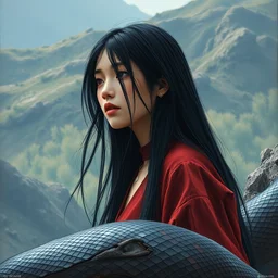 girl with long black hair in burgundy black snake skin at sun hills biome. highly detailed, digital painting, watercolor, soviet realism, engraving, artstation, concept art, smooth, sharp focus, vivid grunge, manga, illustration, unreal engine 5, 8 k, art by bilibin and kilian eng and kuvshinov and malevich and mucha