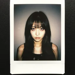 atmospheric polaroid photograph of a japanese girl with emo makeup and long hair, bangs