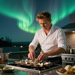 a photo of aurora borealis localized entirely within gordon ramsay's kitchen, while gordon is preparing steamed clams, color photography, high quality, volumetric light, beautiful, 4 k