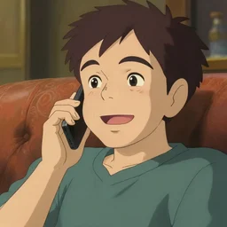 a 50 year old brunnete happy chinese man with puffy cheeks sitting on a couch at home and talking on the phone, close up shot, anime art, Greg Rutkowski, studio ghibli, dramatic lighting