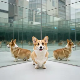 Corgi in a hall of mirrors, 4k, DSLR photo, architectural photography