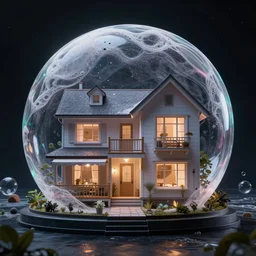 a home built in a huge Soap bubble, windows, doors, porches, awnings, middle of SPACE, cyberpunk lights, Hyper Detail, 8K, HD, Octane Rendering, Unreal Engine, V-Ray, full hd