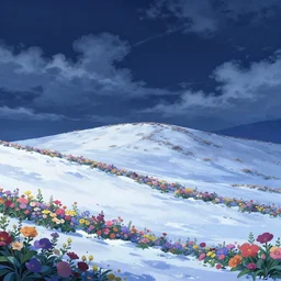 hill, landscape, deep night, winter, snowy, full of colorful flower, beautiful cloud, quiet, no people, anime background, illustration, sharp focus, intricate, smooth, super wide angle, trending on artstation, trending on deviantart