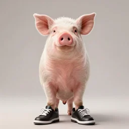 photo of a pig standing upright wearing a pair of shoes