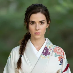 portrait of lara croft ( wearing kimono ), by charlotte grimm, natural light, detailed face, beautiful features, symmetrical, canon eos c 3 0 0, ƒ 1. 8, 3 5 mm, 8 k, medium - format print, half body shot