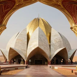 interior of a futuristic lotus temple with gold, red and white marble panels, in the desert, by buckminster fuller and syd mead, intricate contemporary architecture with art nouveau motifs, photo journalism, photography, cinematic, national geographic photoshoot