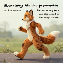 every word of his drips promise, but he can only keep one step ahead so long as he keeps runnin'- whether it be his mouth or his legs, photographic photorealism, a furry fursona with a tail, a wagging swaying tail