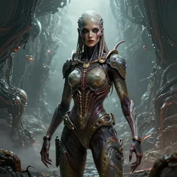 single attractive female in focus on an alien world, artstyle greg rutkowski, horror concept art, model pose, full frame, very intricate details, high resolution, 8 k, award winning