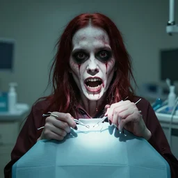 creepy dentist, portrait photo, cinematic horror