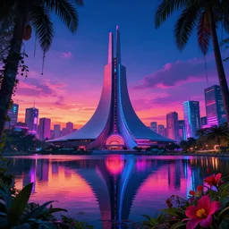 a beautiful photorealistic rendering of building monument by frank lloyd wright, neon noir lake uv light extraterrestial anime bladerunner 2 0 4 9 myst rainforest sunlight neon signs vaporwave sunset landscape hyperrealism at night nightvision tokyo flowers cyberpunk apocalyptic retro, archdaily, wallpaper, highly detailed, trending on artstation.