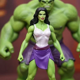 cu of a maquette sculpture of angie harmon as the sensational she hulk, she is wearing a silk lace white top and a purple skirt, she is tall, very fit and extremely muscular, she has green skin all over her body, long black shiny hair, hyperreal, highly detailed, in the style of sideshow collectibles, the hulk, marvel, soft focus, bokeh