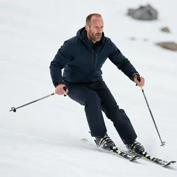 jason statham skiing, full body shot, finely detailed