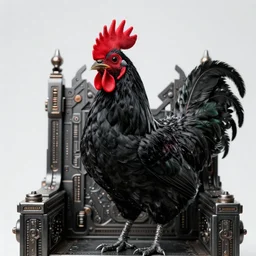 magical Black Chicken close-up portrait, perched on intricate throne, ancient high tech, cyberpunk, dystopian, royal black chicken with red comb, divine feathered wings, burning halo, intricate artwork by Tooth Wu and Wlop and Beeple, Greg Rutkowski, James Gilleard, very coherent symmetrical artwork, golden ratio, cinematic, hyper realism, high detail, octane render, unreal engine, 8k, Vibrant colors, Smooth gradients, High contrast, depth of field, aperture f1.2