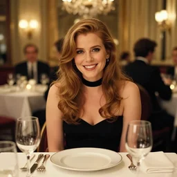 dinner with amy adams smiling sitting across the camera wearing a black choker staring into the camera in an expensive private restaurant, 1 9 8 0, intricate, elegant, tasteful, highly detailed, shallow depth of field, artgerm, donato giancola, joseph christian leyendecker