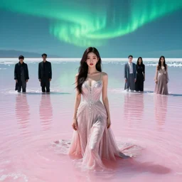 lee jin - eun in luxurious dress emerging from pink and turquoise water in salar de uyuni with the ground reflecting the aurora borealis by takato yamamoto, james jean, conrad roset, m. k. kaluta, martine johanna, rule of thirds, elegant look, beautiful, chic, face anatomy, cute complexion