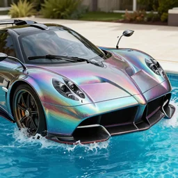close - up of an iridescent rainbow pagani huayra after crashing into a swimming pool, 4 k, highly detailed, award winning, look at all that detail!
