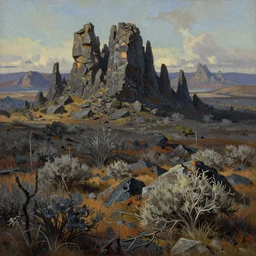 scorched shrublands, jagged stone spires, extremely detailed oil painting, rhads, sargent and leyendecker, savrasov levitan polenov, bruce pennington, studio ghibli, tim hildebrandt, digital art, landscape painting, trending on artstation, masterpiece