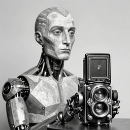 photo of cyborg picasso by diane arbus, black and white, high contrast, rolleiflex, 5 5 mm f / 4 lens