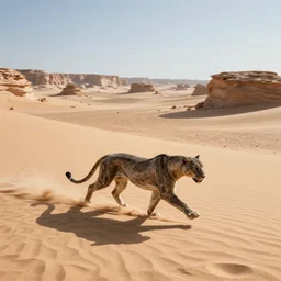 stone panther beast running across the open desert, empty desert, sand, karst landscape, wide shot, concept art by greg rutkowski
